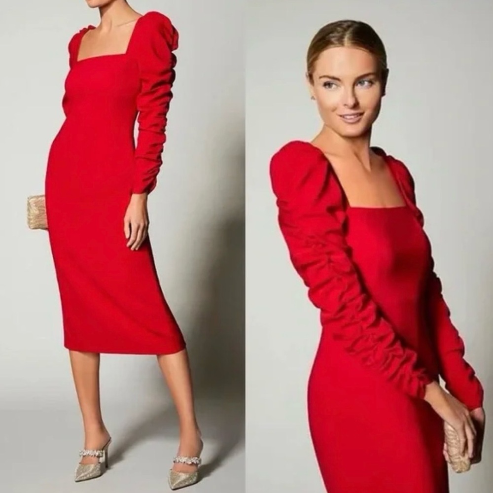 Antonio Melani Alana Crepe Square Neck Ruched Sleeve Midi Dress 2